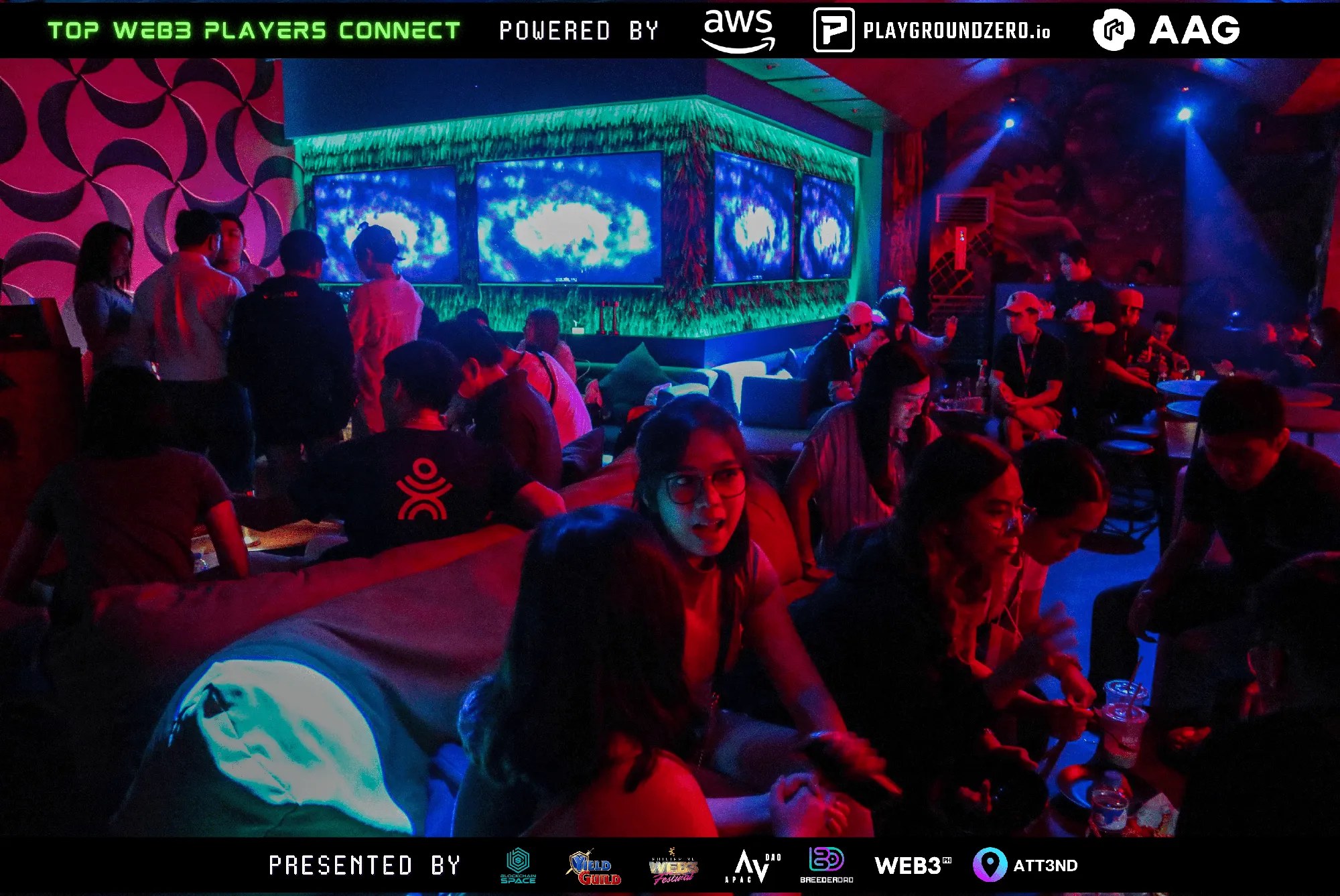 A colorful, crowded room at APAC DAO's Top Web3 Players Connect event